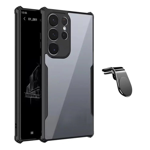 Kit Capa Traseira Fumê Rígida + Suporte Magnético L GIFT4ME Para Samsung Galaxy S22 Ultra - Transparente/Preto