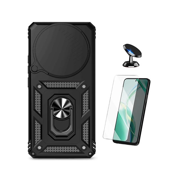 Kit Vidro Temperado Cleargorilasglass + Capa de Proteção Militar Magnética Janela + Suporte Magnético GIFT4ME Para Xiaomi Redmi Note 15 5G - Preto