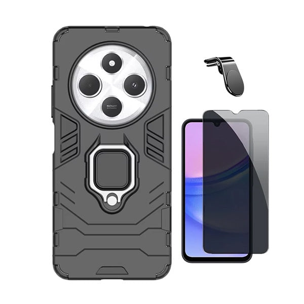 Kit Película de Vidro Temperado Privacidade + Capa de Proteção Militar Magnética + Suporte de Carro Magnético L Gift4Me Para Xiaomi Redmi 14C - Preto