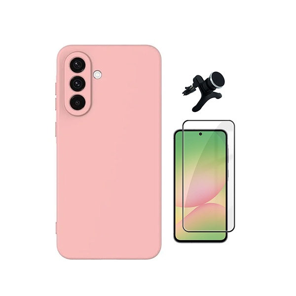 Kit Película de Vidro Temperado Gorilasglass + Capa Proteção Silicone + Suporte Reforçado de Carro GIFT4ME Para Samsung Galaxy A57 5G - Rosa