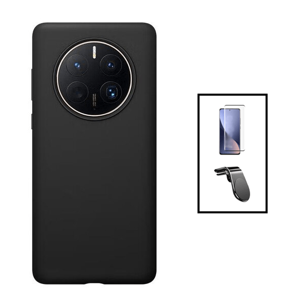 Kit Película de Vidro Temperado GorilasGlass + Capa Proteção Traseira Silicone + Suporte de Carro Magnético L para Huawei Mate 50 - Preto