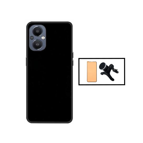 Kit Vidro Temperado Ceramica Full Cover + Capa Silicone Líquido + Suporte Magnético Com Pernas para Oppo Reno7 Lite - Preto