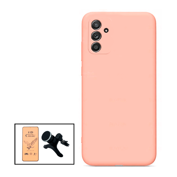 Kit Vidro Temperado Ceramica Full Cover + Capa Proteção Traseira Silicone + Suporte Magnético Com Pernas para Samsung Galaxy M52 5G - Rosa