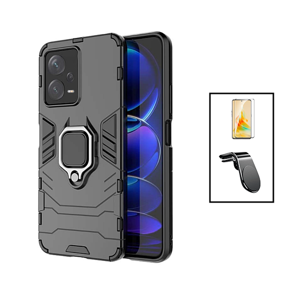 Kit Película de Vidro Temperado GorilasGlass + Capa de Proteção Militar Magnética + Suporte de Carro Magnético L para Xiaomi Redmi Note 12 Pro Plus - Preto