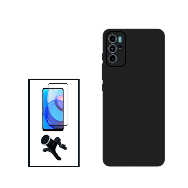 Kit Película de Vidro Temperado GorilasGlass + Capa Proteção Traseira Silicone + Suporte Magnético Com Pernas para Motorola Moto G60S - Preto