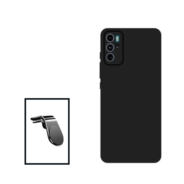 Kit Suporte de Carro Magnético L + Capa Proteção Traseira Silicone para Motorola Moto G60S - Preto