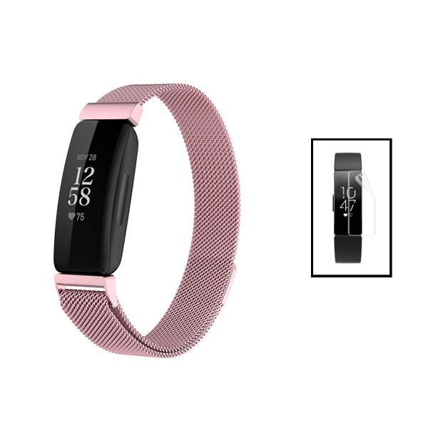 Kit Bracelete Milanese Com Fecho Magnético + Pelicula de Hydrogel para Fitbit Ace 2 - Rosa / Transparente