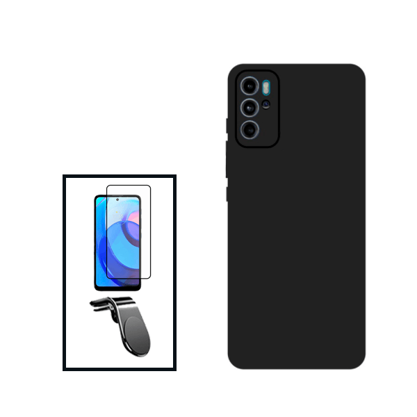 Kit Película de Vidro Temperado GorilasGlass + Capa Proteção Traseira Silicone + Suporte de Carro Magnético L para Motorola Moto G60S - Preto