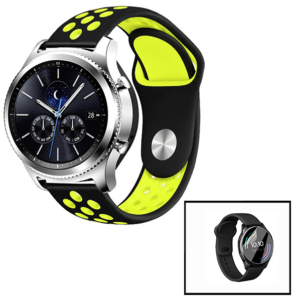 Kit Bracelete Desportiva + Película de Hydrogel para Huawei Watch GT 3 46mm Elite - Preto / Verde Fluorescente
