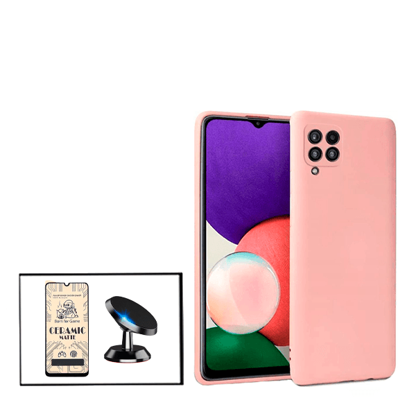Kit Vidro Temperado Ceramica Full Cover + Capa Proteção Traseira Silicone + Suporte Magnético para Samsung Galaxy M32 - Rosa