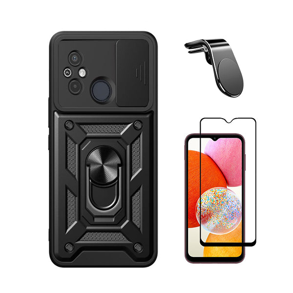 Kit Película de Vidro Temperado GorilasGlass + Capa de Proteção Militar Magnética Janela Deslizante + Suporte de Carro Magnético L Phonecare para Xiaomi Redmi 11A - Preto