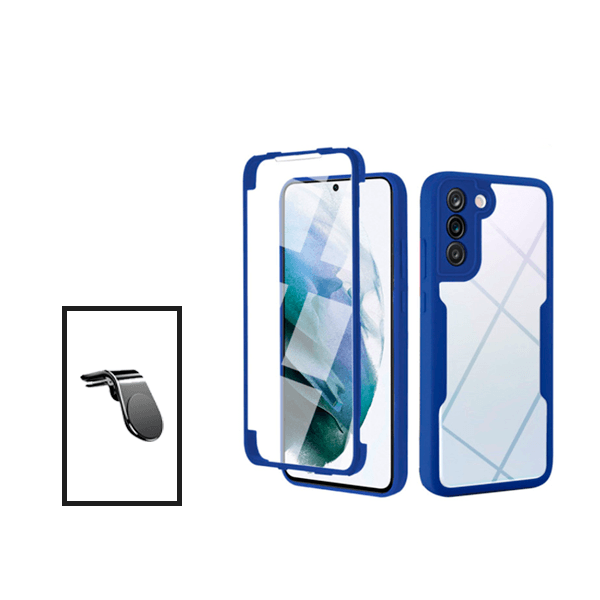 Kit Capa 360° Proteção Frente e Verso + Suporte Magnético L para Samsung Galaxy S21 FE 5G - Azul Escuro