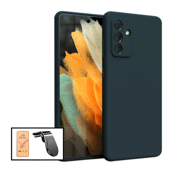 Kit Vidro Temperado Ceramica Full Cover + Capa Proteção Traseira Silicone + Suporte de Carro Magnético L para Samsung Galaxy M52 5G