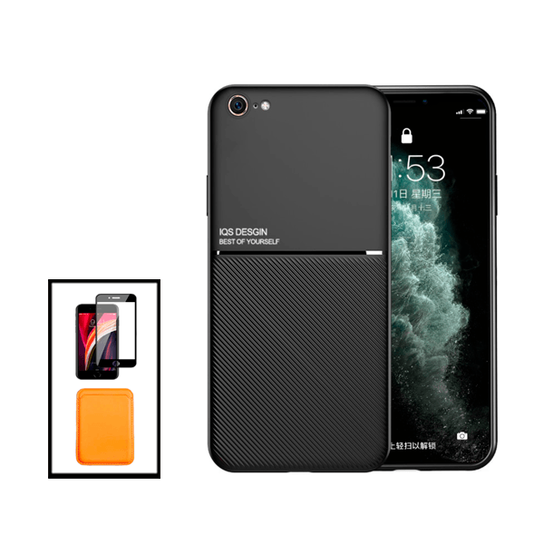 Kit Capa Traseira Magnética Anti Choque + Carteira Magnetica Laranja + Película de Vidro Temperado GorilasGlass para Apple iPhone SE 2022 - Preto