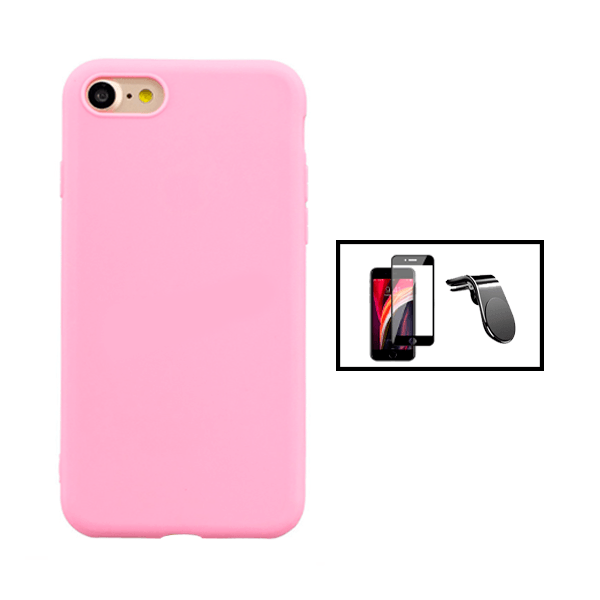 Kit Película de Vidro Temperado GorilasGlass + Capa Proteção Traseira Silicone + Suporte de Carro Magnético L para Apple iPhone SE 2022 - Rosa
