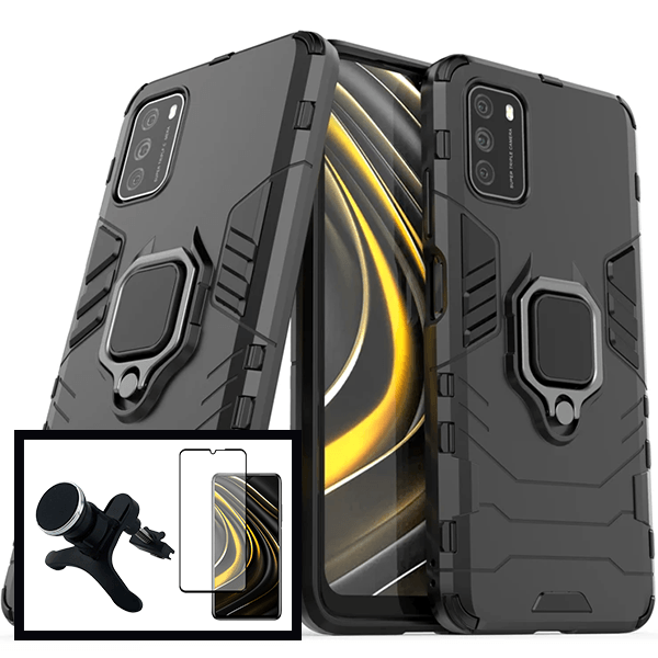 Kit Película de Vidro Temperado GorilasGlass + Capa de Proteção Militar Magnética + Suporte Magnético Com Pernas para Xiaomi Poco M3