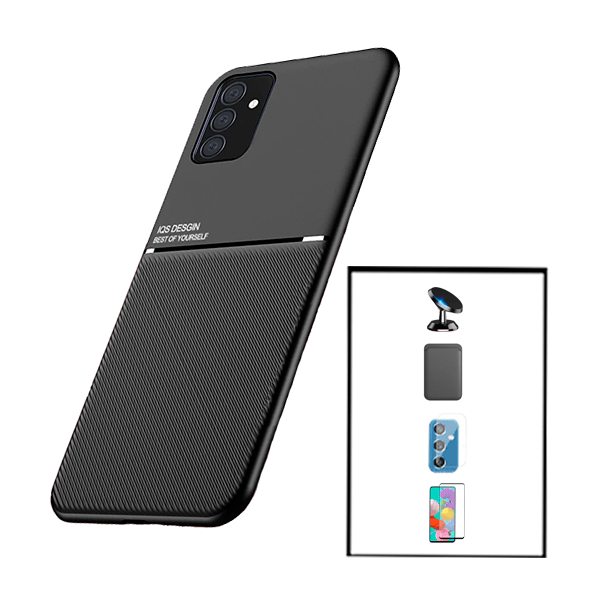 Kit Capa Traseira Magnética Anti Choque + Carteira Magnética Preto + Película de Vidro Temperado GorilasGlass + Película Protectora para Câmara Traseira + Suporte Magnético para Samsung Galaxy M52 5G