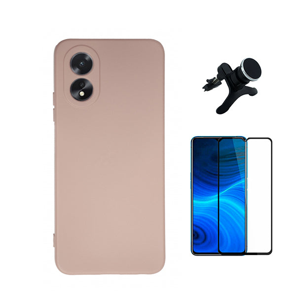 Kit Película de Vidro Temperado GorilasGlass + Capa Proteção Traseira Silicone + Suporte Magnético Com Pernas Phonecare para Oppo A38 4G - Rosa