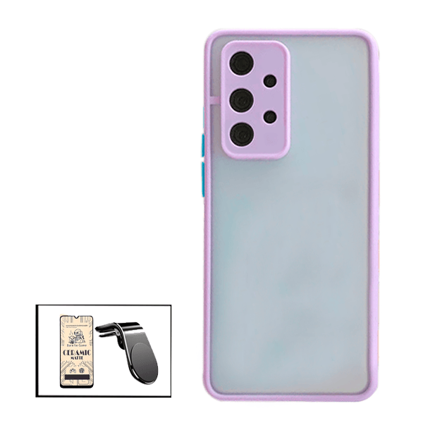 Kit Capa Traseira Proteção Camara + Vidro Temperado Ceramica Full Cover + Suporte de Carro Magnético L para Samsung Galaxy A32 5G - Roxo