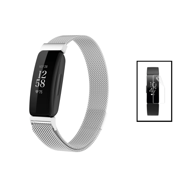 Kit Bracelete Milanese Com Fecho Magnético + Pelicula de Hydrogel para Fitbit Inspire 2 - Cinza / Transparente