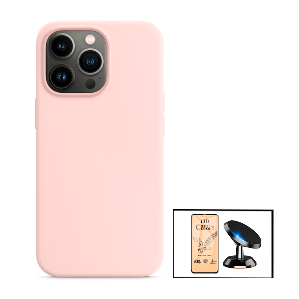 Kit Vidro Temperado Ceramica Full Cover + Capa Proteção Traseira Silicone + Suporte Magnético para iPhone 13 - Rosa