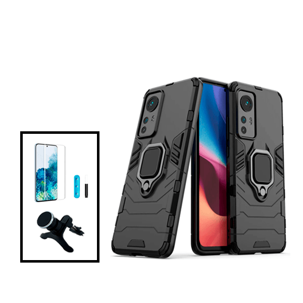 Kit Película de Vidro Curvada Full Glue UV + Capa de Proteção Militar Magnética + Suporte Magnético Com Pernas para Xiaomi 12 Pro - Preto