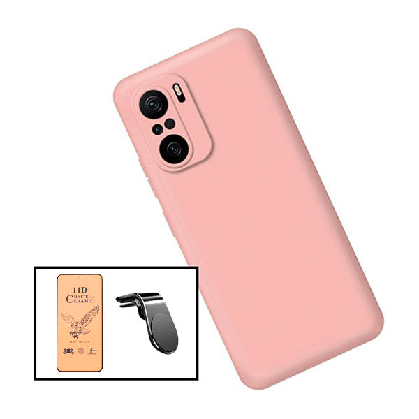 Kit Vidro Temperado Ceramica Full Cover + Capa Proteção Traseira Silicone + Suporte de Carro Magnético L para Xiaomi Redmi Note 10 Pro - Rosa