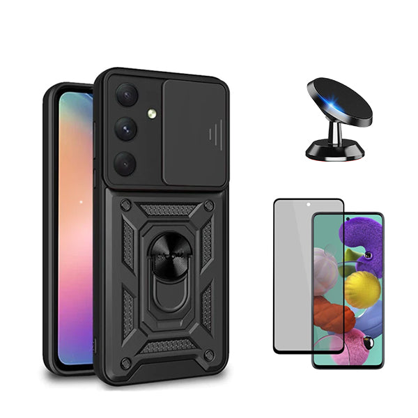 Kit Película de Vidro Temperado Privacidade + Capa de Proteção Militar Magnética Janela Deslizante + Suporte Magnético GIFT4ME para Samsung Galaxy S23 FE - Preto