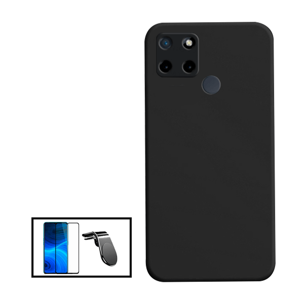 Kit Película de Vidro Temperado GorilasGlass + Capa Proteção Traseira Silicone + Suporte de Carro Magnético L para Realme Narzo 50A - Preto