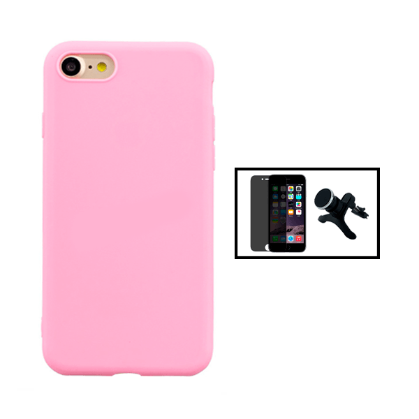 Kit Película de Vidro Temperado Privacidade + Capa Proteção Traseira Silicone + Suporte Magnético L para Apple iPhone SE 2022 - Rosa