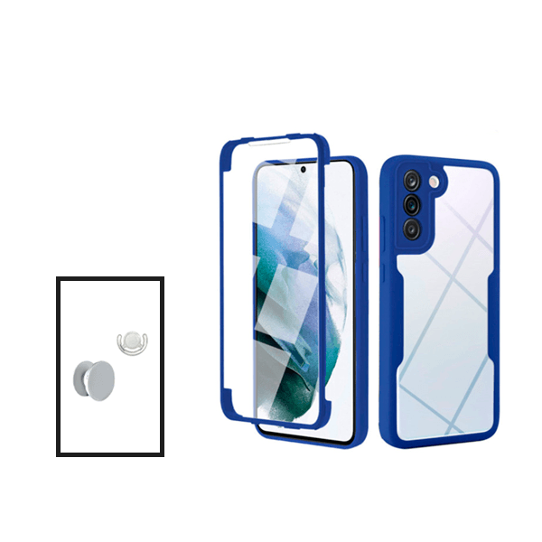 Kit Capa 360° Proteção Frente e Verso + 1 HandHolder + 1 Suporte HandHolder Branco para Samsung Galaxy S21 FE 5G - Azul Escuro