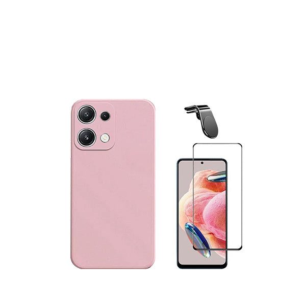 Kit Película de Vidro Temperado GorilasGlass + Capa Proteção Traseira Silicone + Suporte de Carro Magnético L GIFT4ME para Xiaomi Redmi Note 13 4G - Rosa