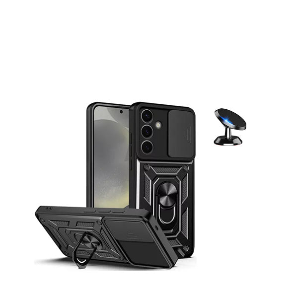 Kit Suporte Magnético + Capa de Proteção Militar Magnética Janela Deslizante GIFT4ME para Samsung Galaxy S24 Plus + 5G - Preto