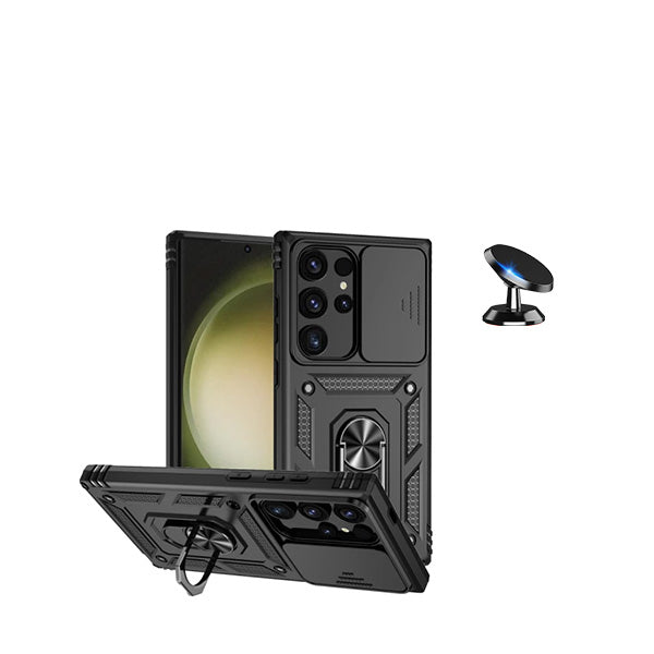Kit Suporte Magnético + Capa de Proteção Militar Magnética Janela Deslizante GIFT4ME para Samsung Galaxy S24 Ultra 5G - Preto