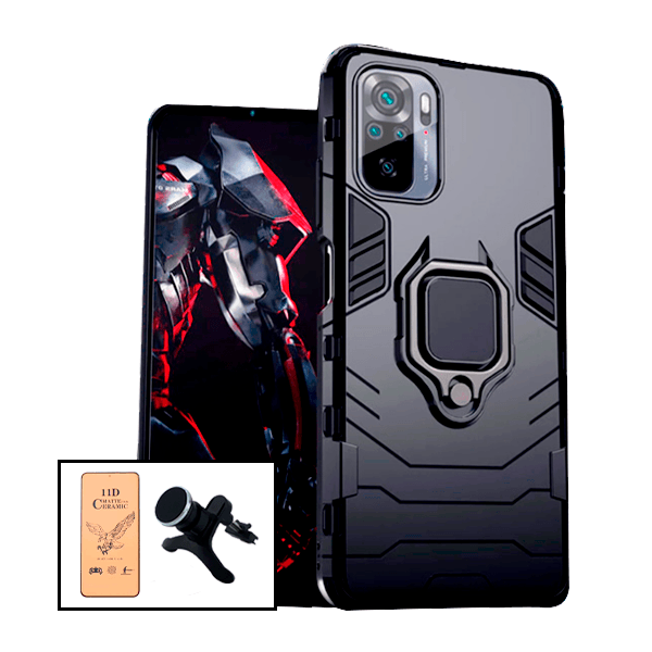 Kit Vidro Temperado Ceramica Full Cover + Capa de Proteção Militar Magnética + Suporte Magnético Com Pernas para Xiaomi Redmi Note 10s