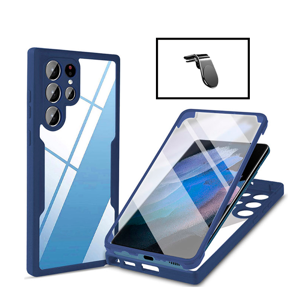 Kit Capa 360° Proteção Frente e Verso + Suporte Magnético L para Samsung Galaxy S22 Ultra 5G - Azul Escuro