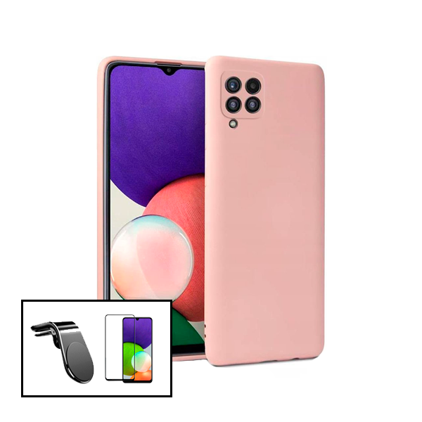 Kit Película de Vidro Temperado GorilasGlass + Capa Proteção Traseira Silicone + Suporte de Carro Magnético L para para Samsung Galaxy M22 - Rosa
