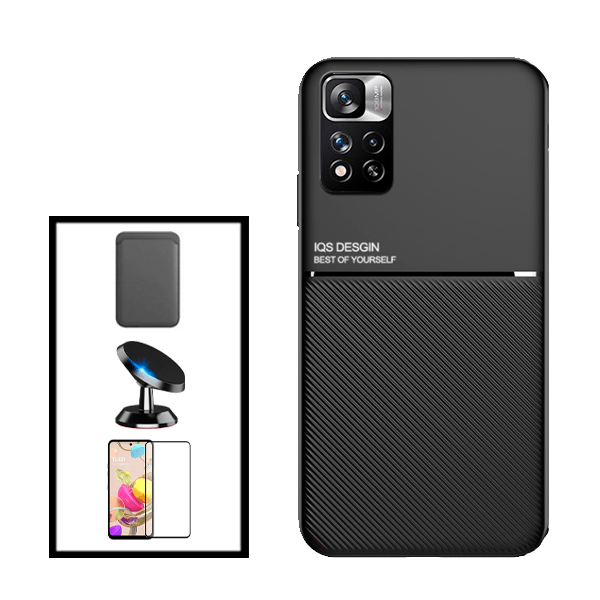Kit Capa Traseira Magnética Anti Choque + Carteira Magnetica Preto + Película de Vidro Temperado GorilasGlass + Suporte Magnético para Xiaomi Redmi Note 11E Pro - Preto