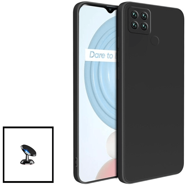 Kit Suporte Magnético + Capa Proteção Traseira Silicone para Realme C25Y - Preto