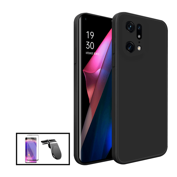 Kit Película de Vidro Temperado GorilasGlass Curvado + Capa Proteção Traseira Silicone + Suporte de Carro Magnético L para Oppo Find X5 - Preto