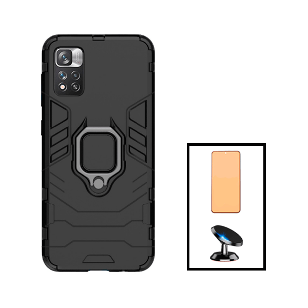 Kit Vidro Temperado Ceramica Full Cover + Capa de Proteção Militar Magnética + Suporte Magnético para Xiaomi Poco X4 NFC - Preto