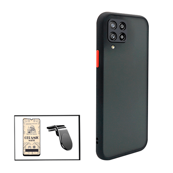 Kit Capa Traseira Proteção Camara + Vidro Temperado Ceramica Full Cover + Suporte de Carro Magnético L para Samsung Galaxy A12 Nacho - Preto