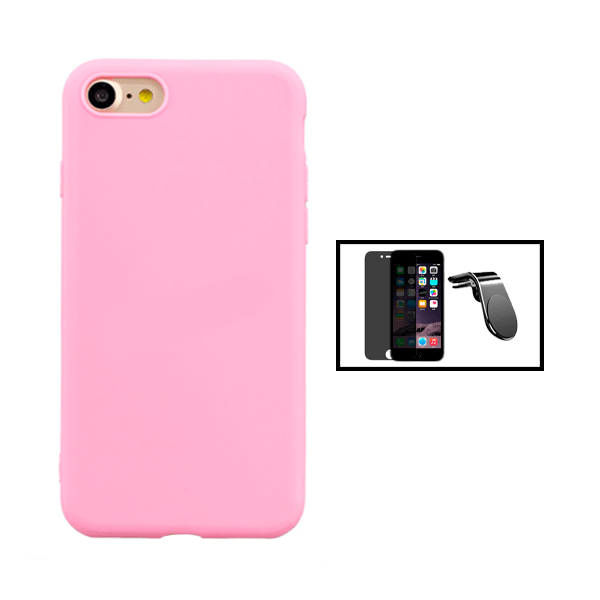 Kit Película de Vidro Temperado Privacidade + Capa Proteção Traseira Silicone + Suporte Magnético Com Pernas para Apple iPhone SE 2022 - Rosa