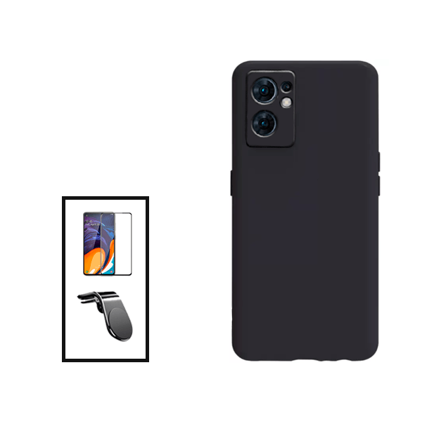 Kit Película de Vidro Temperado GorilasGlass + Capa Proteção Traseira Silicone + Suporte de Carro Magnético L para Oppo Reno7 5G - Preto