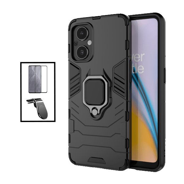Kit Película de Vidro Temperado GorilasGlass + Capa de Proteção Militar Magnética + Suporte de Carro Magnético L para OnePlus Nord N20 5G - Preto