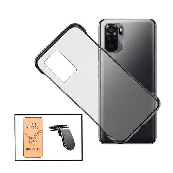 Kit Vidro Temperado Ceramica Full Cover + Capa Invisible Bumper + Suporte de Carro Magnético L - Preto para Xiaomi Redmi Note 10s