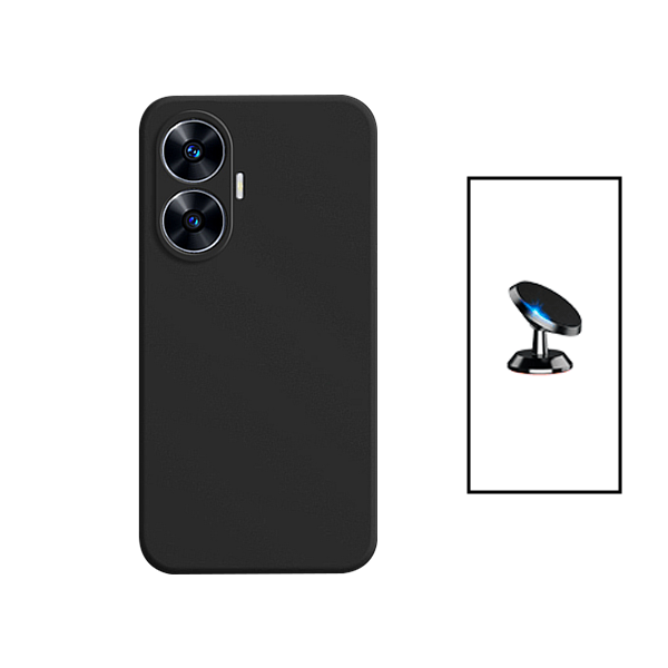 Kit Suporte Magnético + Capa Proteção Traseira Silicone para Realme C55 - Preto