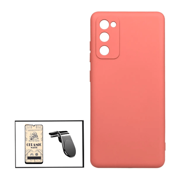 Kit Vidro Temperado Ceramica Full Cover + Capa Proteção Traseira Silicone + Suporte de Carro Magnético L para Samsung Galaxy M02s - Rosa