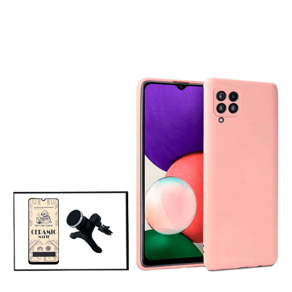 Kit Vidro Temperado Ceramica Full Cover + Capa Proteção Traseira Silicone + Suporte Magnético Com Pernas para Samsung Galaxy F22 - Rosa