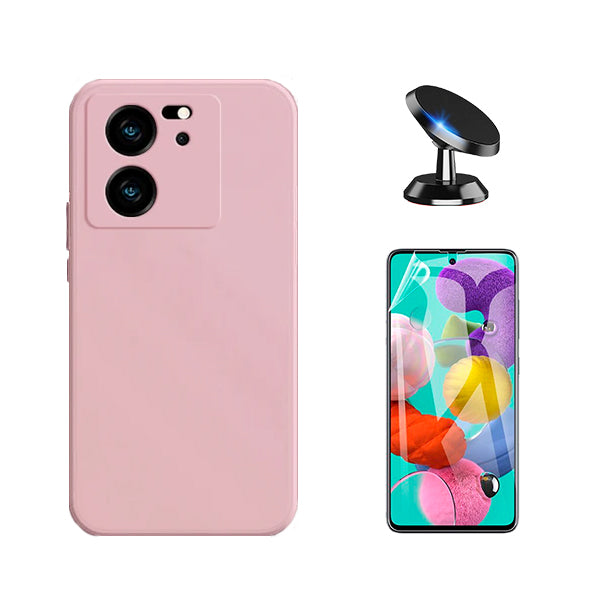 Kit Película Protectora de Hydrogel Frente + Capa Proteção Traseira Silicone + Suporte Magnético GIFT4ME para Xiaomi 13T Pro - Rosa